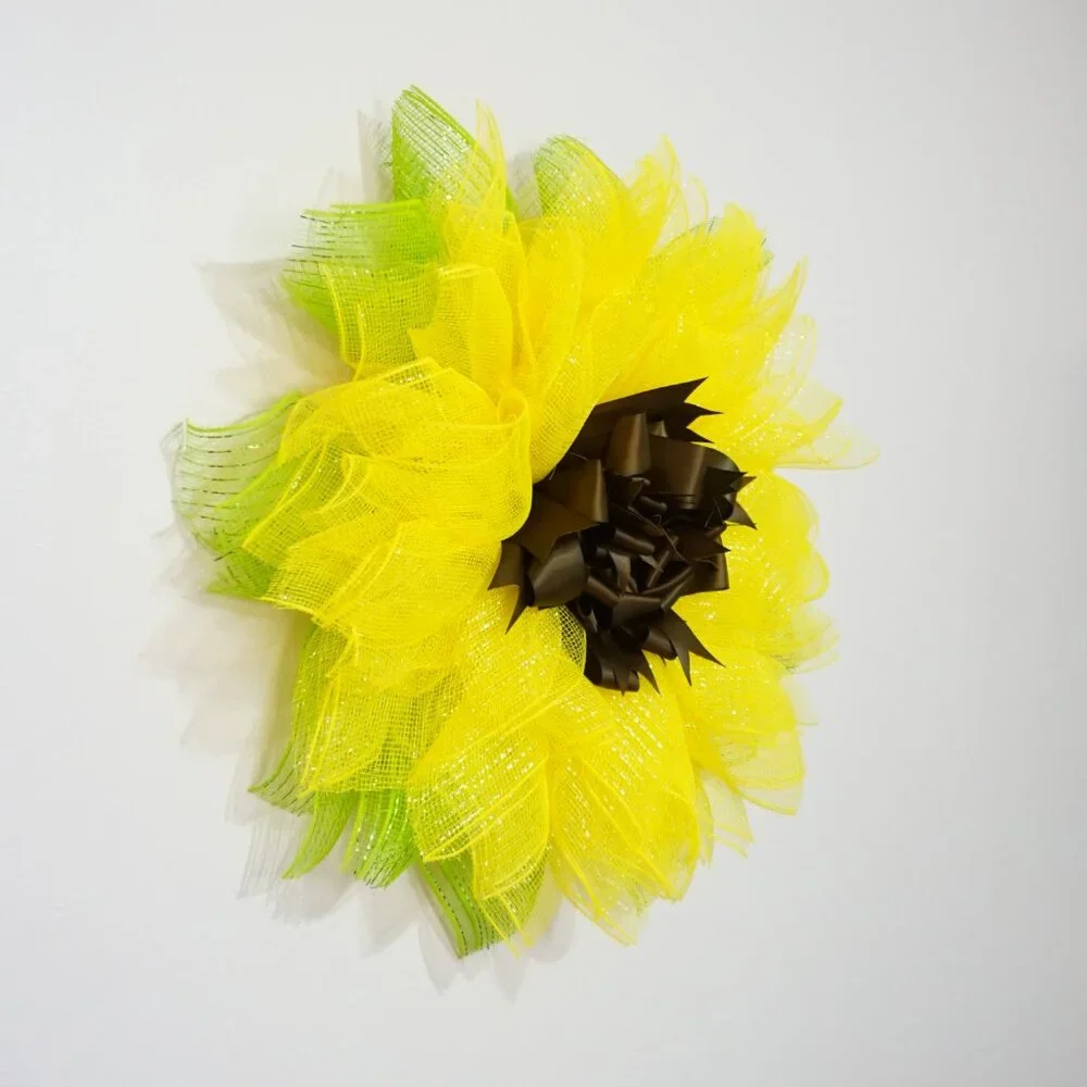 Yellow Sunflower Deco Mesh Wreath with Green Leaves and Brown Ribbon Center